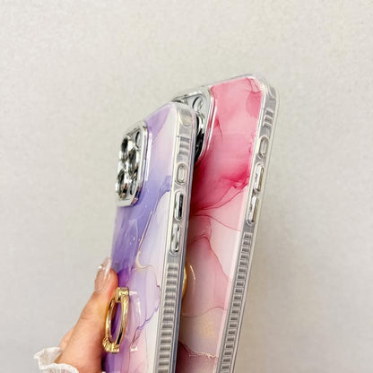 For iPhone 16e Electroplated Marble Texture Ring Holder Phone Case(Light Purple S6) by bashfashion