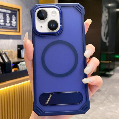 For iPhone 13 Skin Feel Frameless MagSafe PC Phone Case with Fold Holder(Blue) by bashfashion