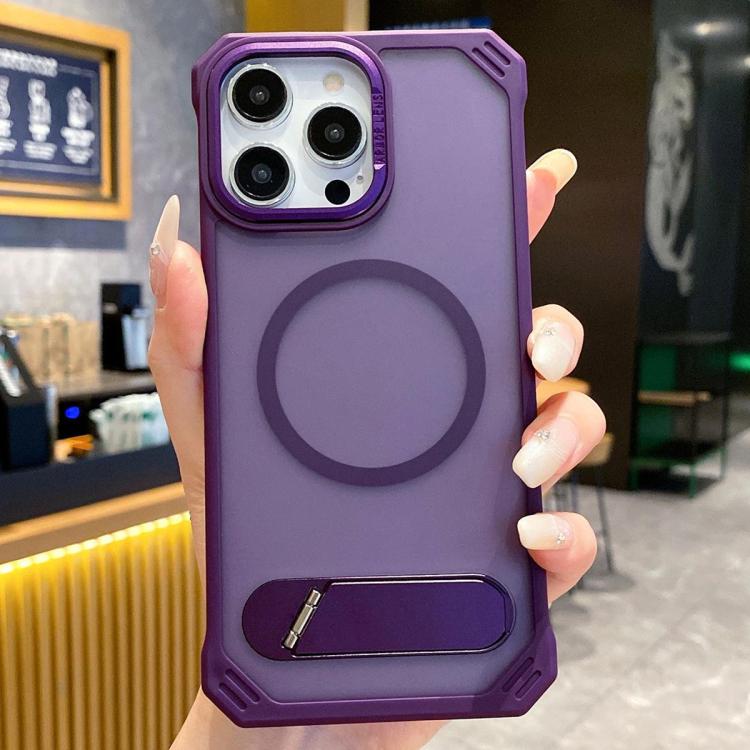 For iPhone 13 Pro Skin Feel Frameless MagSafe PC Phone Case with Fold Holder(Purple) by bashfashion