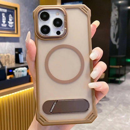 For iPhone 13 Pro Max Skin Feel Frameless MagSafe PC Phone Case with Fold Holder(Desert Gold) by bashfashion