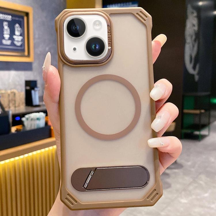 For iPhone 14 Skin Feel Frameless MagSafe PC Phone Case with Fold Holder(Desert Gold) by bashfashion