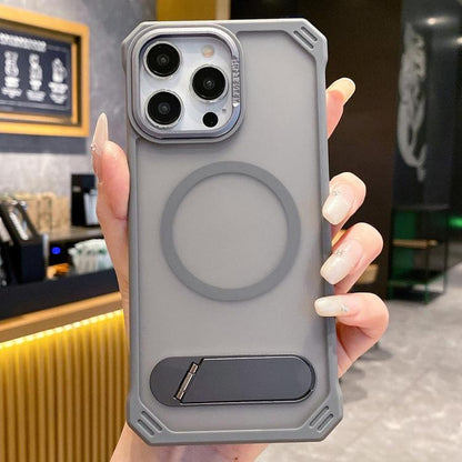 For iPhone 14 Pro Max Skin Feel Frameless MagSafe PC Phone Case with Fold Holder(Grey) by bashfashion