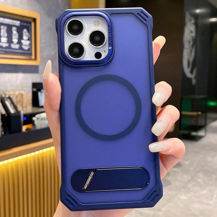 For iPhone 14 Pro Max Skin Feel Frameless MagSafe PC Phone Case with Fold Holder(Blue) by bashfashion