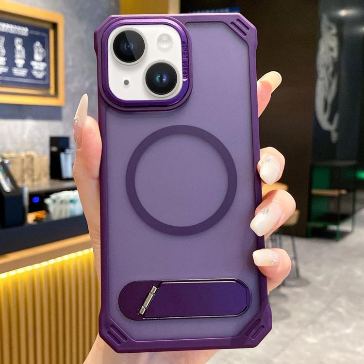 For iPhone 15 Skin Feel Frameless MagSafe PC Phone Case with Fold Holder(Purple) by bashfashion