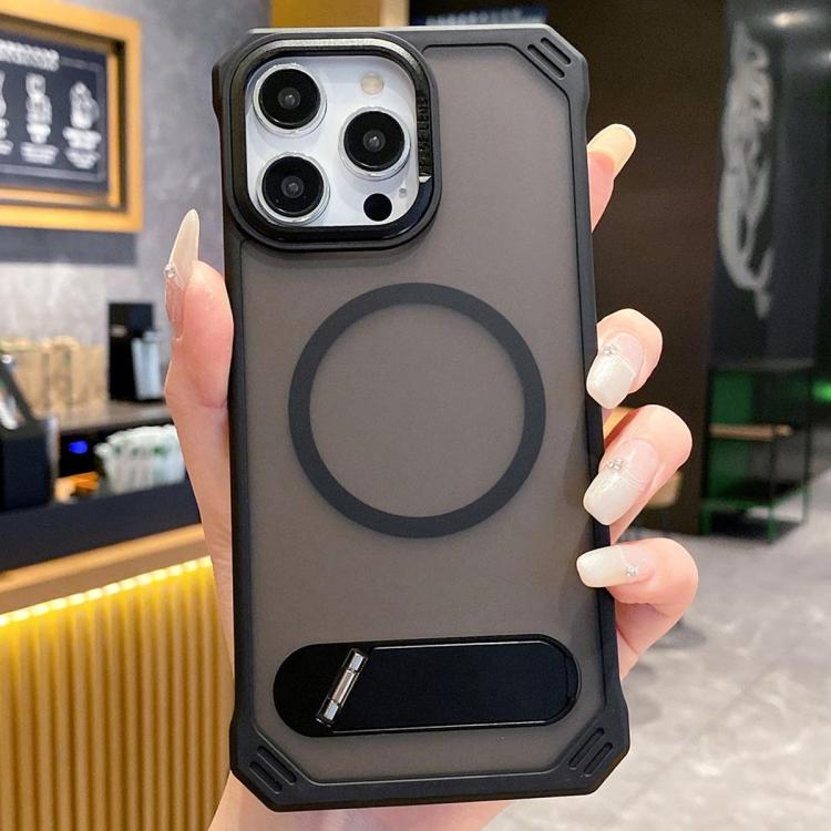 For iPhone 15 Pro Skin Feel Frameless MagSafe PC Phone Case with Fold Holder(Black) by bashfashion