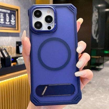 For iPhone 15 Pro Max Skin Feel Frameless MagSafe PC Phone Case with Fold Holder(Blue) by bashfashion