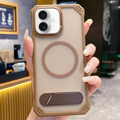 For iPhone 16 Skin Feel Frameless MagSafe PC Phone Case with Fold Holder(Desert Gold) by bashfashion