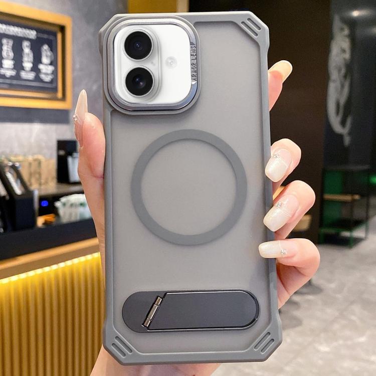 For iPhone 16 Skin Feel Frameless MagSafe PC Phone Case with Fold Holder(Grey) by bashfashion