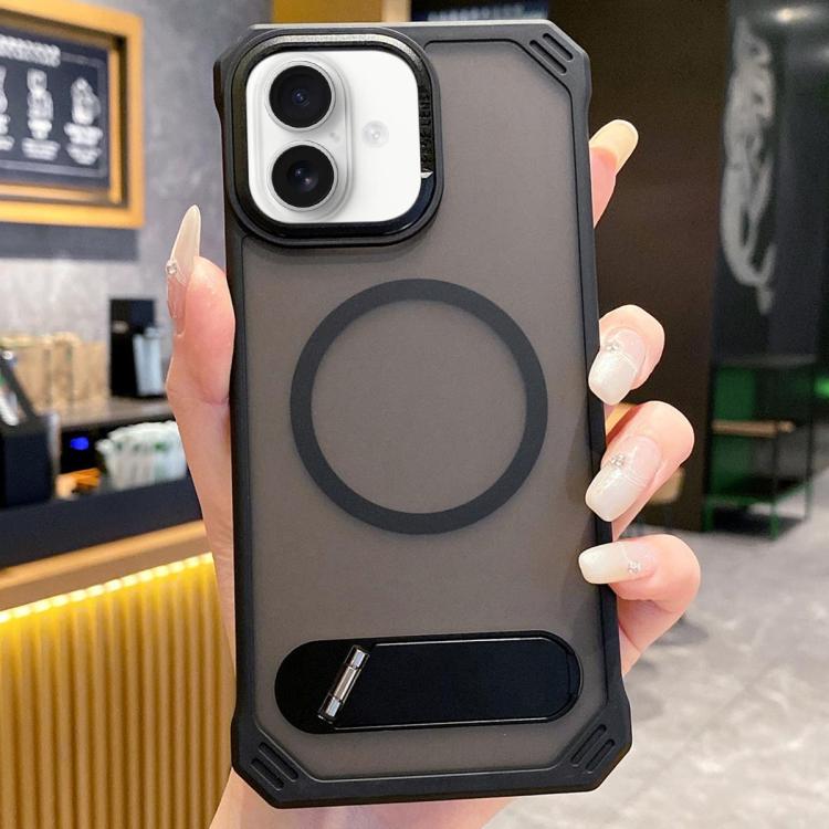For iPhone 16 Plus Skin Feel Frameless MagSafe PC Phone Case with Fold Holder(Black) by bashfashion