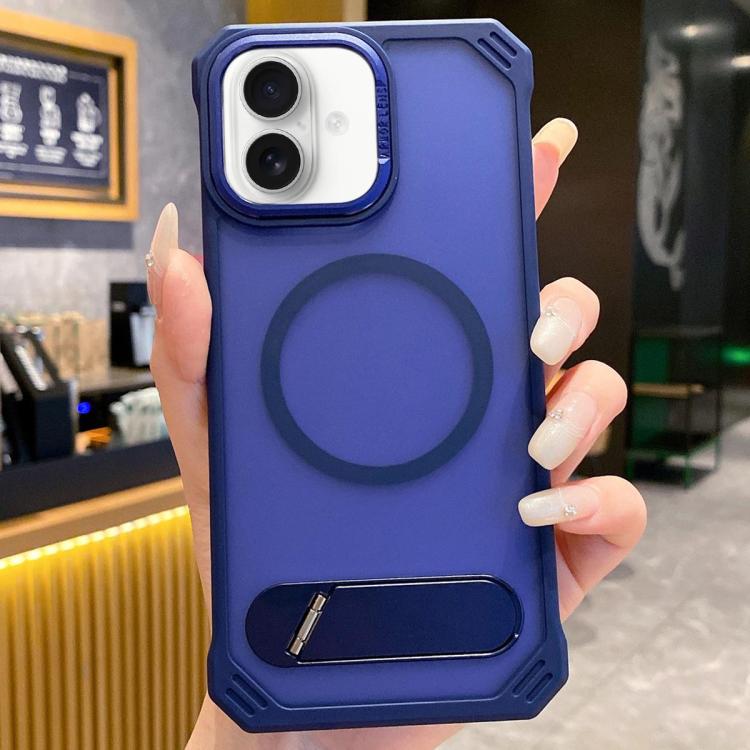 For iPhone 16 Plus Skin Feel Frameless MagSafe PC Phone Case with Fold Holder(Blue) by bashfashion