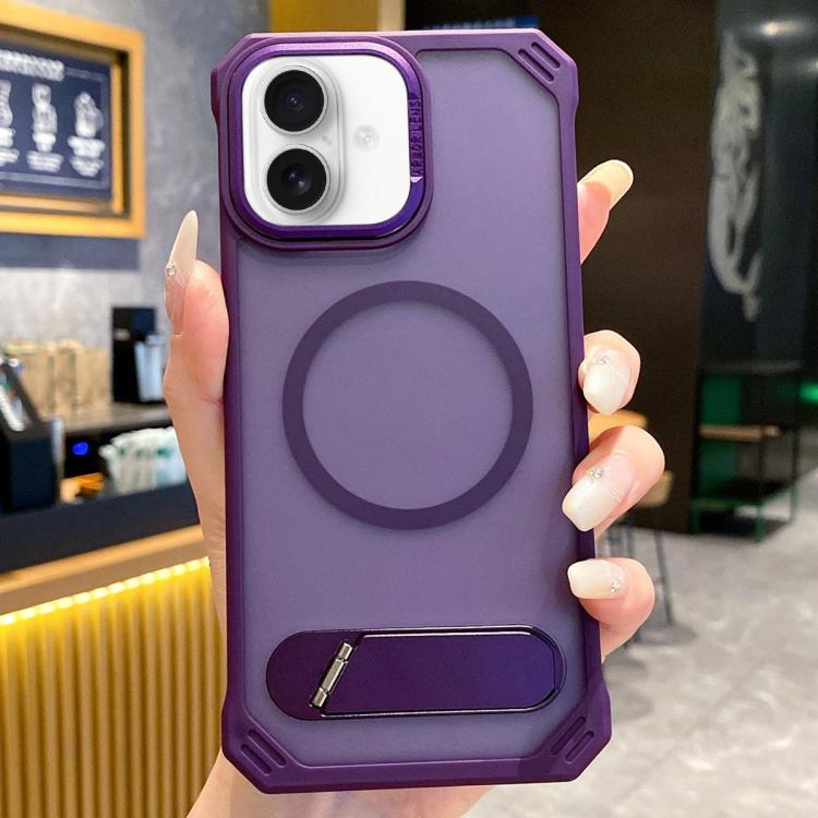 For iPhone 16 Plus Skin Feel Frameless MagSafe PC Phone Case with Fold Holder(Purple) by bashfashion