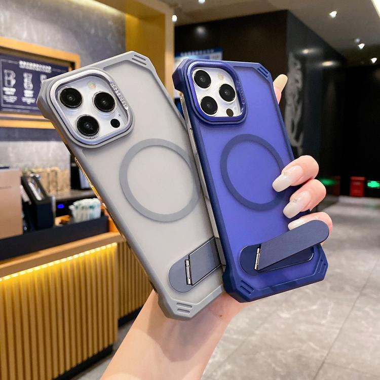 For iPhone 15 Skin Feel Frameless MagSafe PC Phone Case with Fold Holder(Blue) by bashfashion