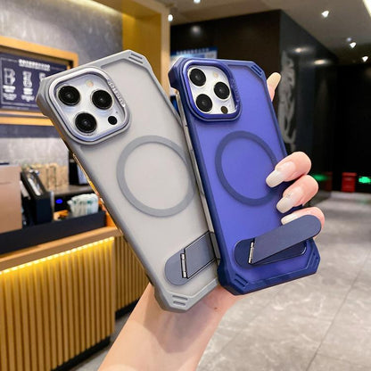 For iPhone 14 Pro Max Skin Feel Frameless MagSafe PC Phone Case with Fold Holder(Purple) by bashfashion