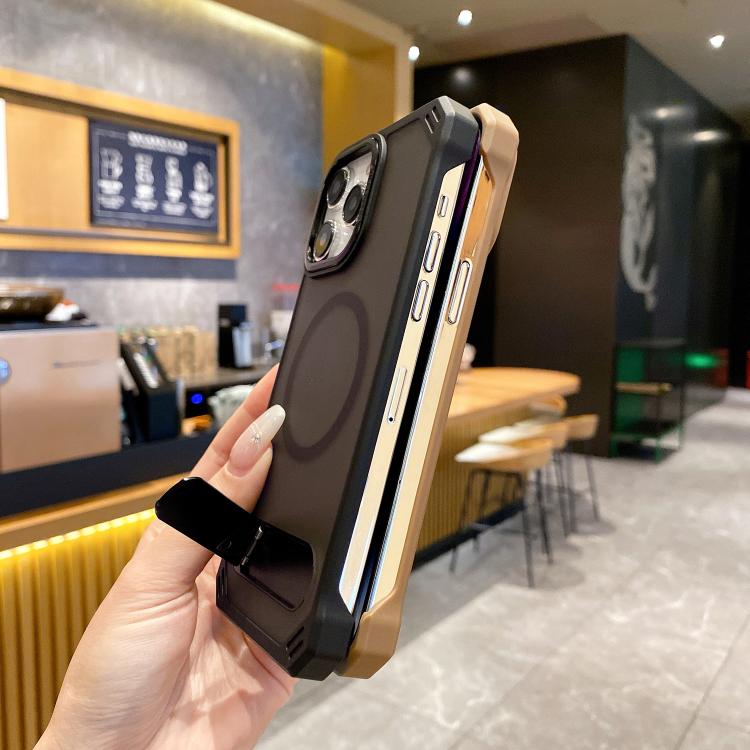 For iPhone 14 Skin Feel Frameless MagSafe PC Phone Case with Fold Holder(Black) by bashfashion