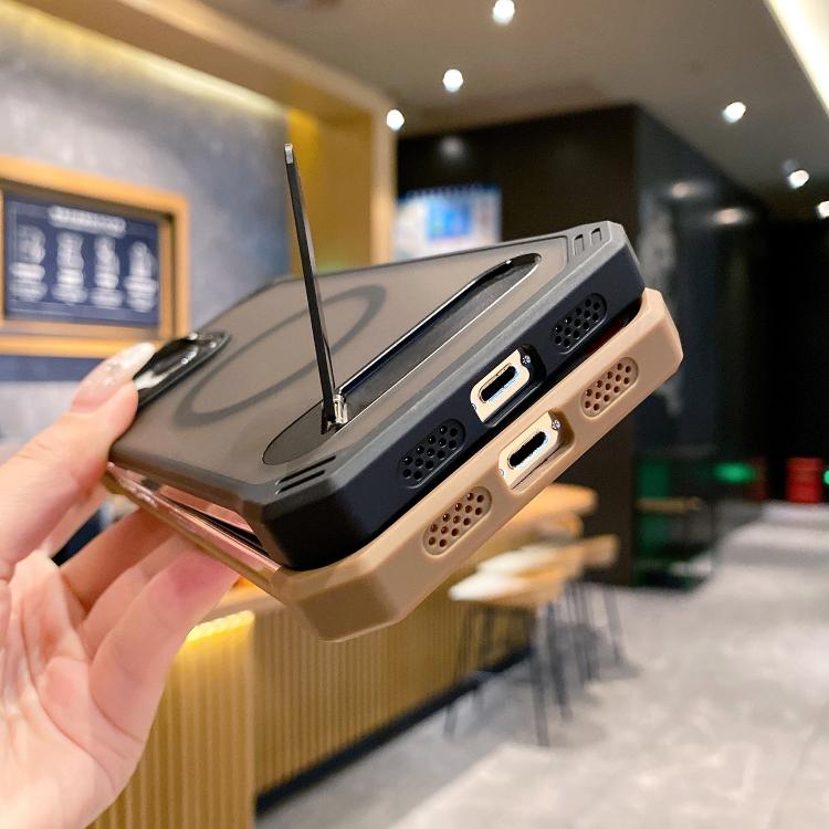 For iPhone 14 Pro Skin Feel Frameless MagSafe PC Phone Case with Fold Holder(Desert Gold) by bashfashion