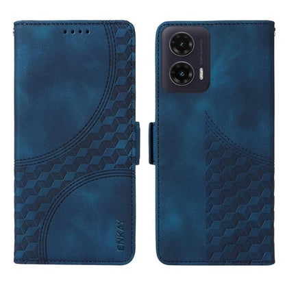 For Motorola Moto G35 ENKAY Embossed Rhombus Starry Leather Phone Case with Screen Film(Blue) by ENKAY