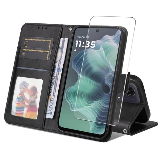 For Motorola Moto G35 ENKAY Card Wallet Calf Texture Leather Phone Case with Screen Film(Black) by ENKAY