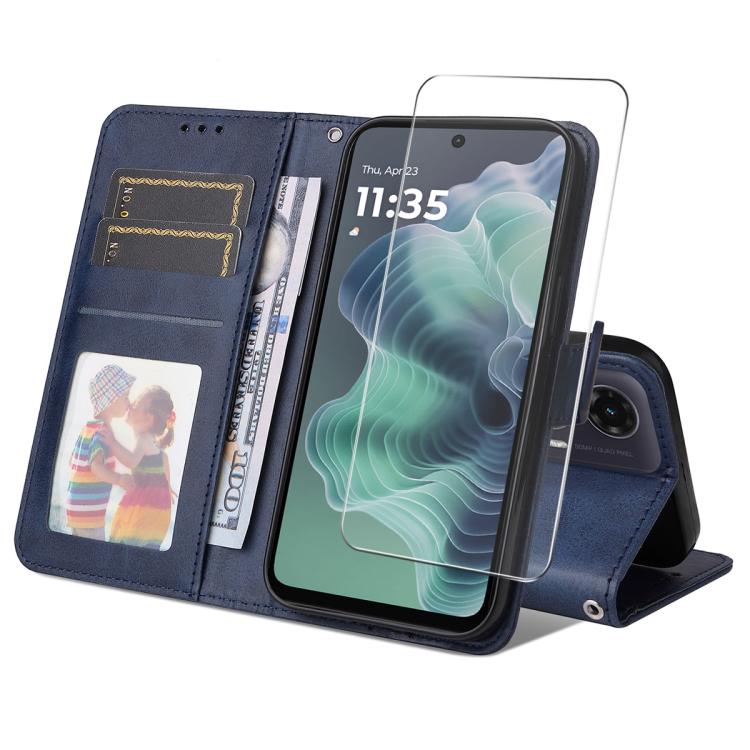 For Motorola Moto G35 ENKAY Card Wallet Calf Texture Leather Phone Case with Screen Film(Blue) by ENKAY