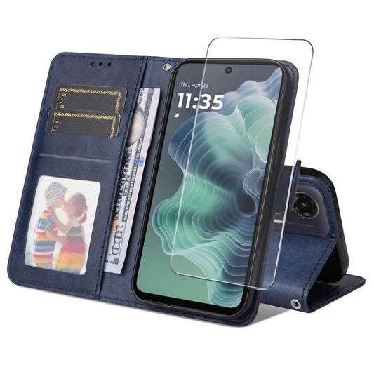 For Motorola Moto G35 ENKAY Card Wallet Calf Texture Leather Phone Case with Screen Film(Blue) by ENKAY