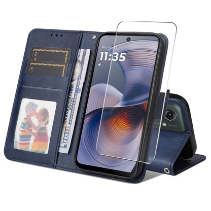 For Motorola Moto G55 ENKAY Card Wallet Calf Texture Leather Phone Case with Screen Film(Blue) by ENKAY