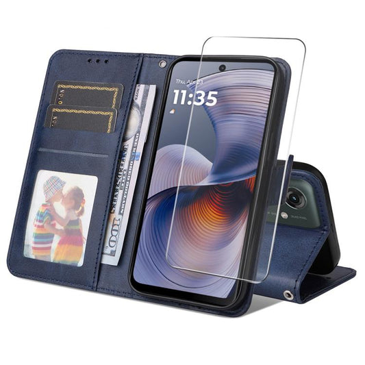 For Motorola Moto G55 ENKAY Card Wallet Calf Texture Leather Phone Case with Screen Film(Blue) by ENKAY