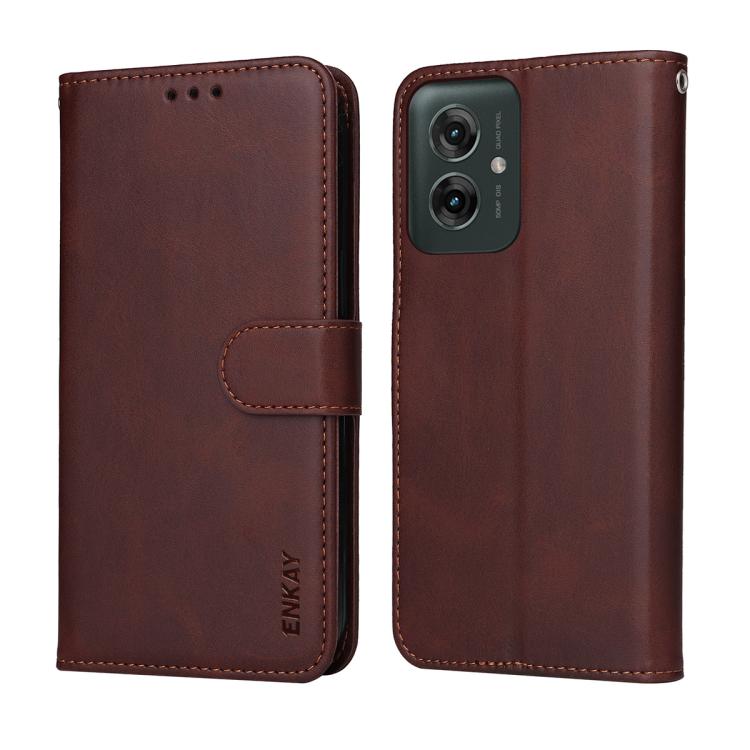 For Motorola Moto G55 ENKAY Card Wallet Calf Texture Leather Phone Case with Screen Film(Brown) by ENKAY