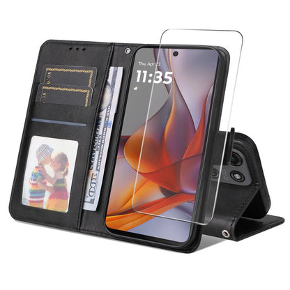 For Motorola Moto G75 ENKAY Card Wallet Calf Texture Leather Phone Case with Screen Film(Black) by ENKAY