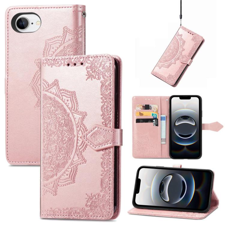 For iPhone 16e Mandala Flower Embossed Leather Phone Case(Rose Gold) by bashfashion