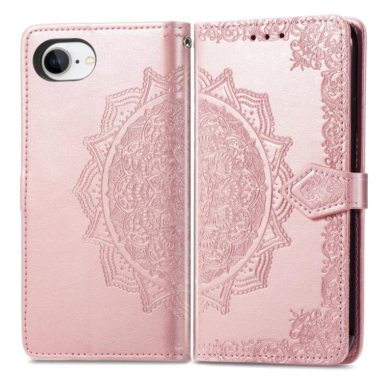 For iPhone 16e Mandala Flower Embossed Leather Phone Case(Rose Gold) by bashfashion