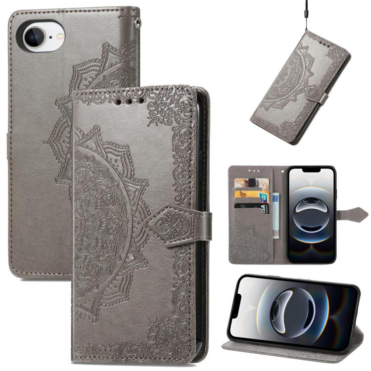 For iPhone 16e Mandala Flower Embossed Leather Phone Case(Gray) by bashfashion