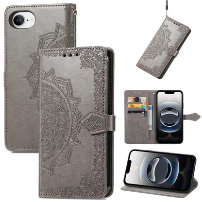 For iPhone 16e Mandala Flower Embossed Leather Phone Case(Gray) by bashfashion