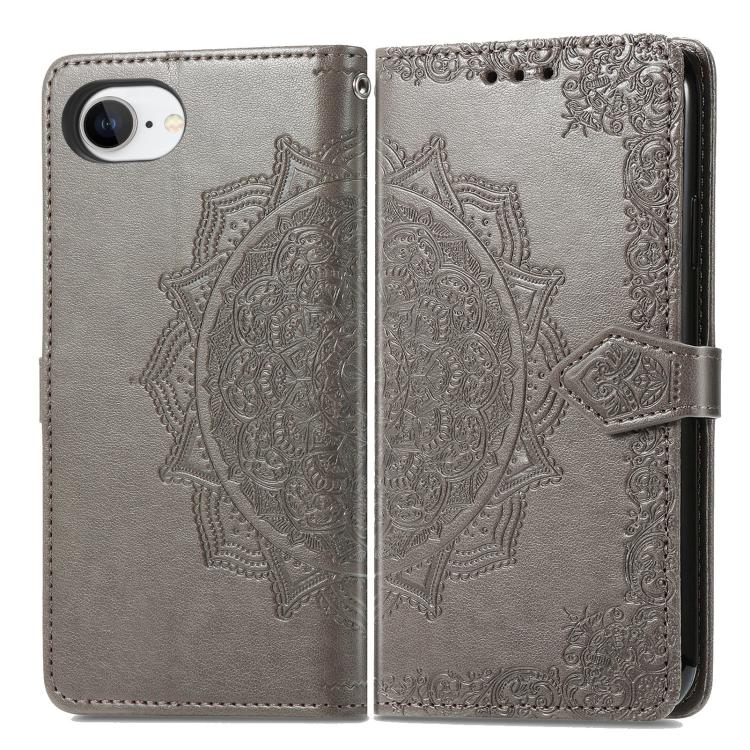 For iPhone 16e Mandala Flower Embossed Leather Phone Case(Gray) by bashfashion