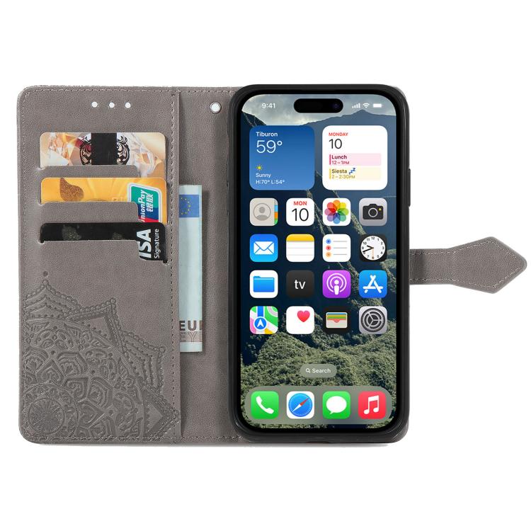 For iPhone 16e Mandala Flower Embossed Leather Phone Case(Gray) by bashfashion