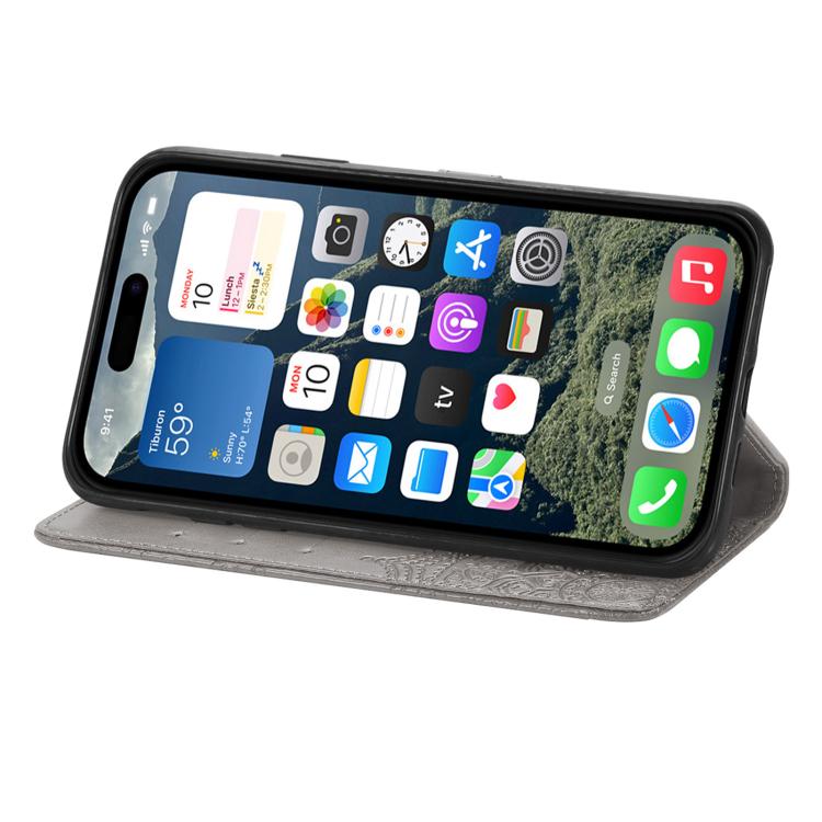 For iPhone 16e Mandala Flower Embossed Leather Phone Case(Gray) by bashfashion