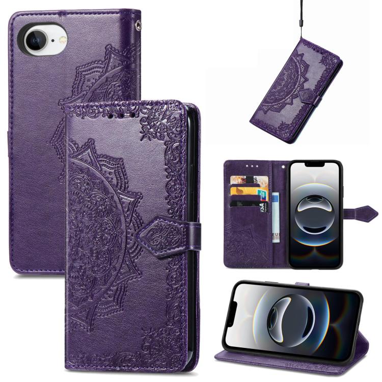 For iPhone 16e Mandala Flower Embossed Leather Phone Case(Purple) by bashfashion
