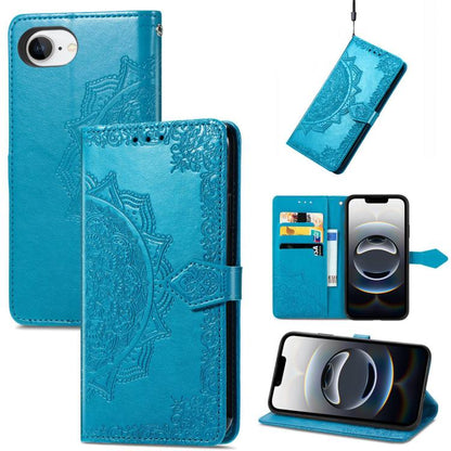 For iPhone 16e Mandala Flower Embossed Leather Phone Case(Blue) by bashfashion