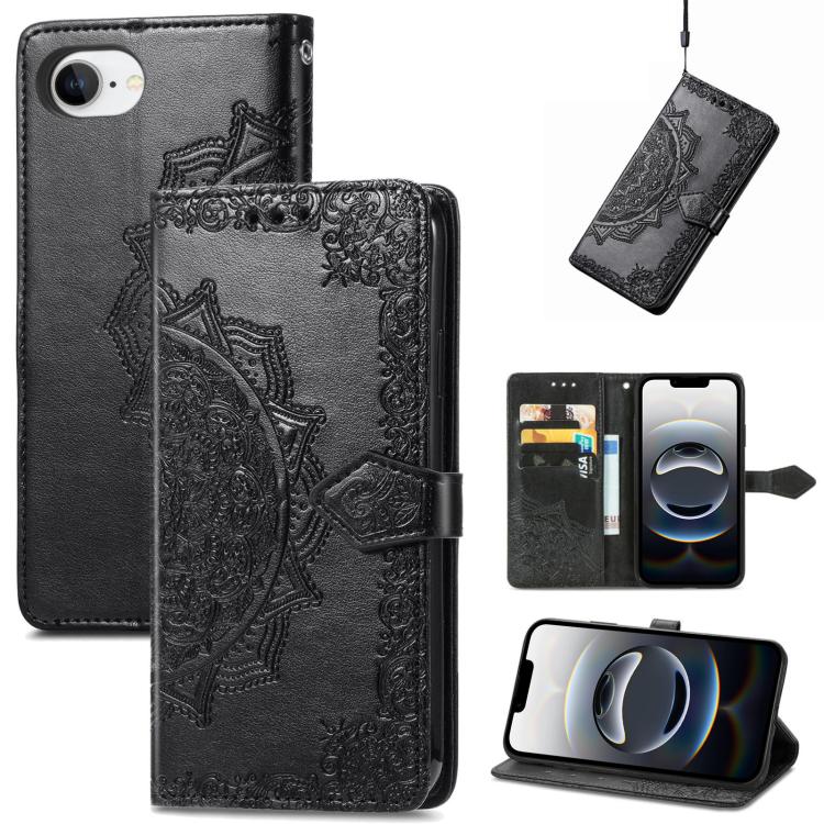For iPhone 16e Mandala Flower Embossed Leather Phone Case(Black) by bashfashion