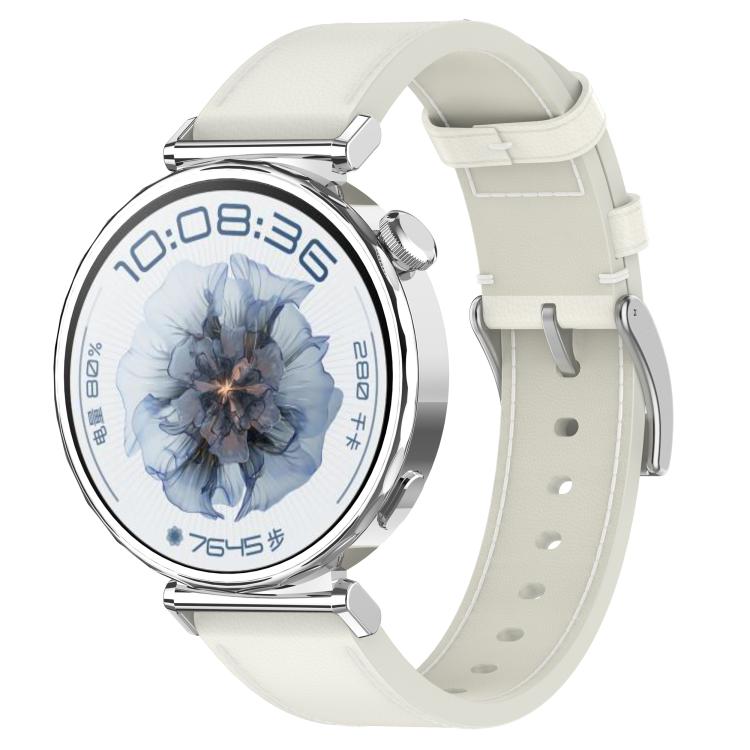 For Huawei Watch GT5 Pro 42mm Press Button 18mm Leather Watch Band(White) by bashfashion