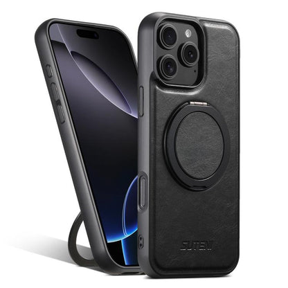 For iPhone 16 Pro Max Suteni G3 Oil Wax 360 Rotation Holder MagSafe Back Phone Case(Black) by Suteni