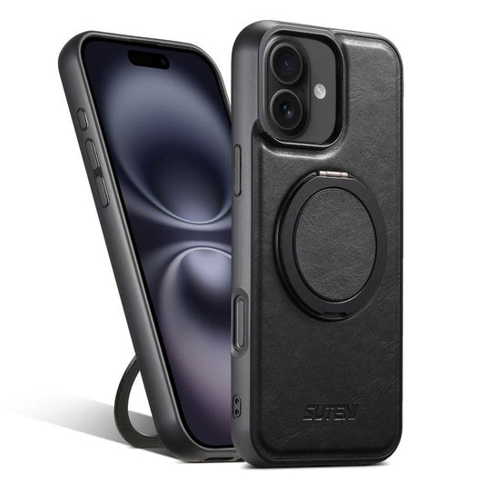 For iPhone 16 Plus Suteni G3 Oil Wax 360 Rotation Holder MagSafe Back Phone Case(Black) by Suteni