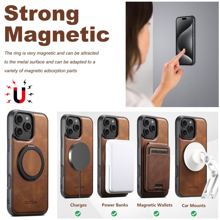 For iPhone 16 Plus Suteni G3 Oil Wax 360 Rotation Holder MagSafe Back Phone Case(Brown) by Suteni