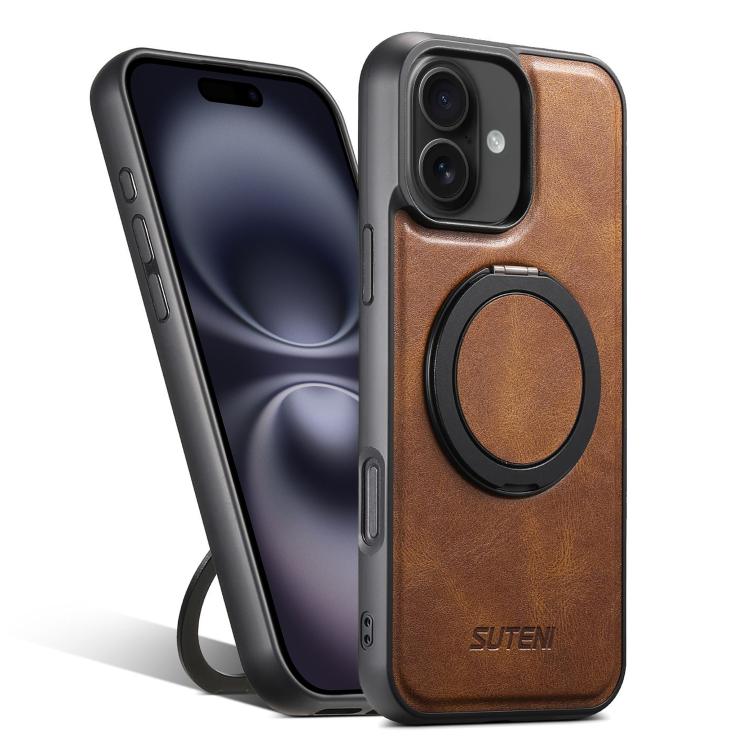 For iPhone 16 Plus Suteni G3 Oil Wax 360 Rotation Holder MagSafe Back Phone Case(Brown) by Suteni