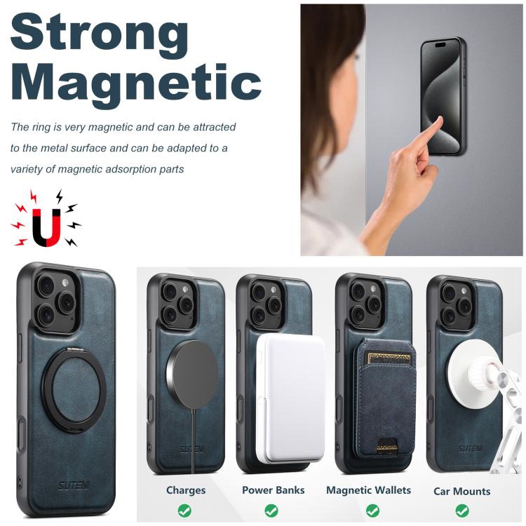 For iPhone 16 Suteni G3 Oil Wax 360 Rotation Holder MagSafe Back Phone Case(Blue) by Suteni