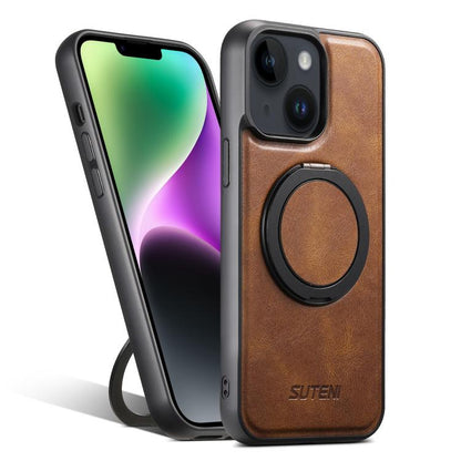 For iPhone 14 Plus Suteni G3 Oil Wax 360 Rotation Holder MagSafe Back Phone Case(Brown) by Suteni