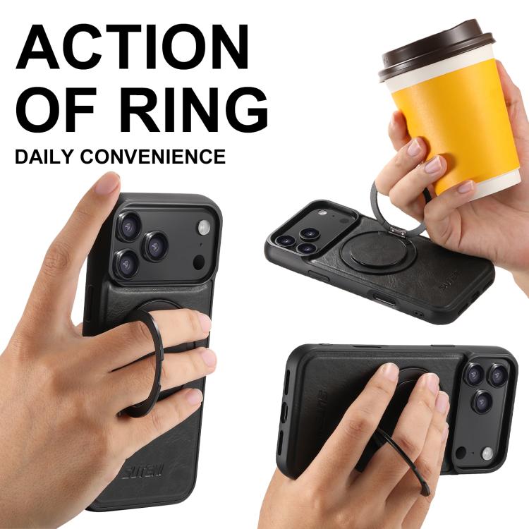 For iPhone 17 Pro Max Suteni G3 Oil Wax 360 Rotation Holder MagSafe Back Phone Case(Black) by Suteni