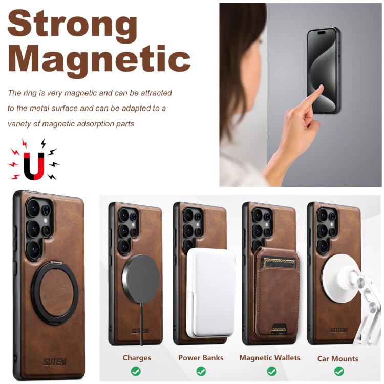 For Samsung Galaxy S25 Ultra 5G Suteni G3 Oil Wax 360 Rotation Holder MagSafe Back Phone Case(Brown) by Suteni