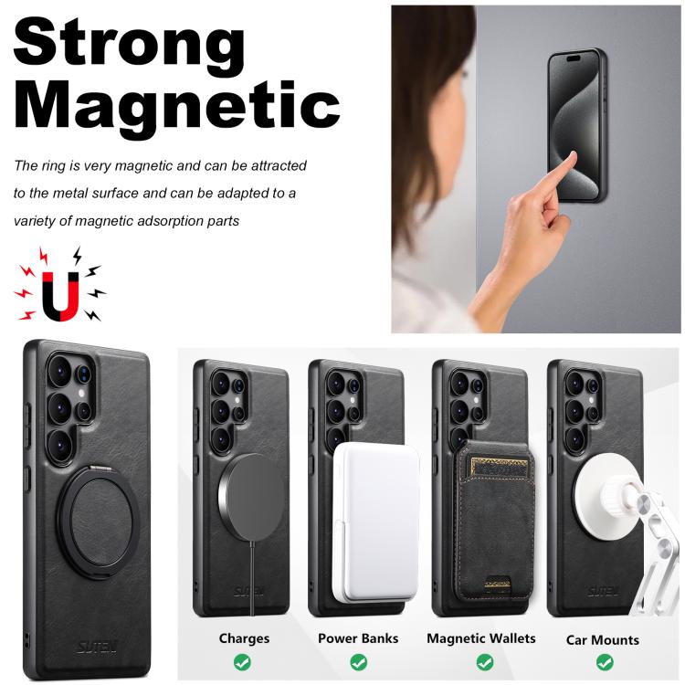 For Samsung Galaxy S25 5G Suteni G3 Oil Wax 360 Rotation Holder MagSafe Back Phone Case(Black) by Suteni