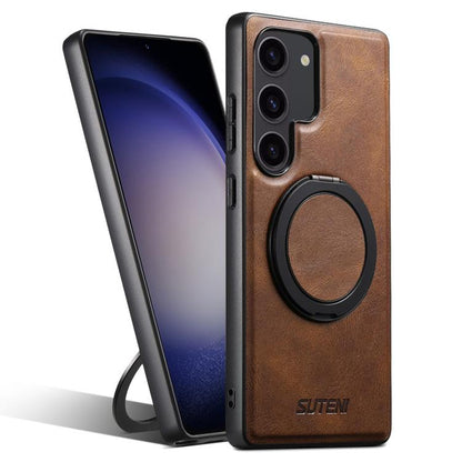 For Samsung Galaxy S23 5G Suteni G3 Oil Wax 360 Rotation Holder MagSafe Back Phone Case(Brown) by Suteni