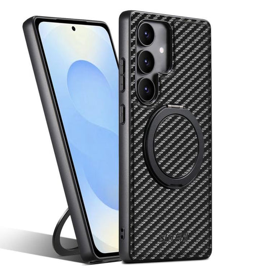 For Samsung Galaxy S25+ 5G Suteni G3 Carbon Fiber Leather 360 Rotation Holder MagSafe Phone Case(Black) by Suteni