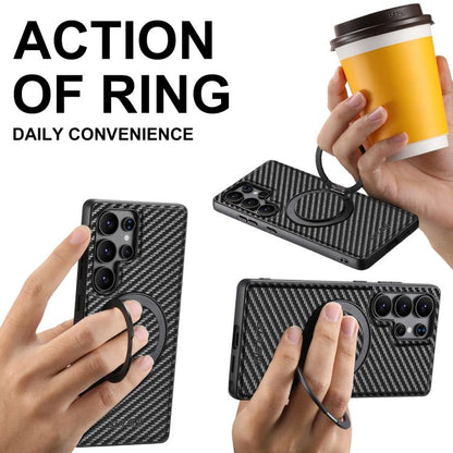 For Samsung Galaxy S25+ 5G Suteni G3 Carbon Fiber Leather 360 Rotation Holder MagSafe Phone Case(Black) by Suteni